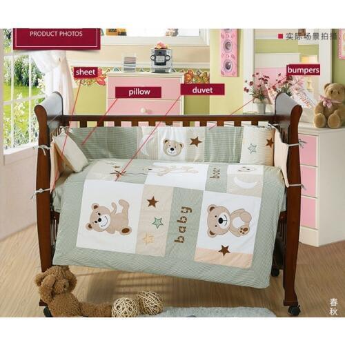 4PCS embroidery Baby Bedding set Crib Newborn Set Cartoon Nursery Bedding Crib Bumper kit de berço (4bumper+duvet+sheet+pillow)