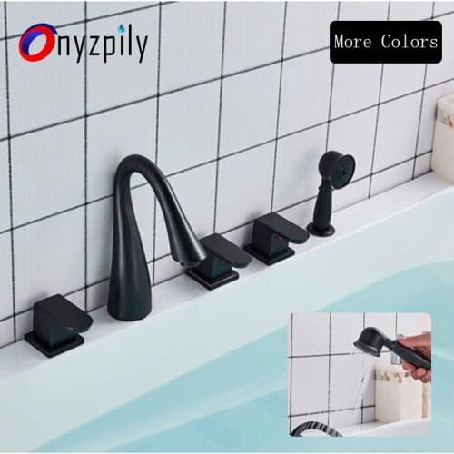 Onyzpily Bathtub Faucet Set Chrome Deck Mounted 5 Holes Widespread Tub Mixer Bathroom Goose Neck Bath Shower Set with Handshower