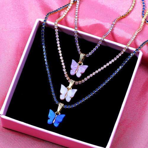 New Fashion Luxury Bling Cubic Zirconia Choker Necklace for Women Multicolor Acrylic Butterfly Pendant Necklaces Party Jewelry