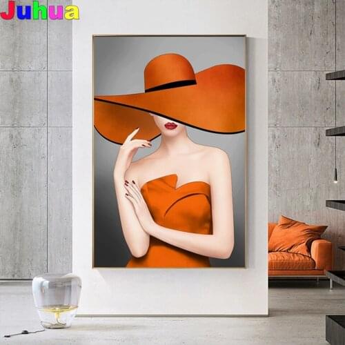 Modern Fashion Woman Orange Hat 5D DIY Diamond Painting Mosaic Cross Stitch Diamond Embroidery needlework Crafts nordic decor