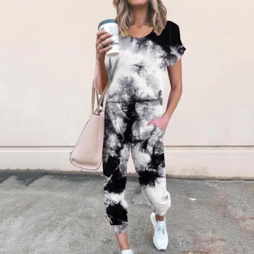 Tracksuit Tie Dye Loose Sports Suit Women Short Sleeve T-shirt Drawstring Pants Outfit for Spring/Summer Women Clothing 2021