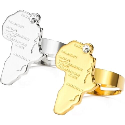 CHENGXUN Gold Africa Map Ring Womens Open Style Adjustable Ring Hip Hop Punk Jewelry for Black People Men Jewelry Rings