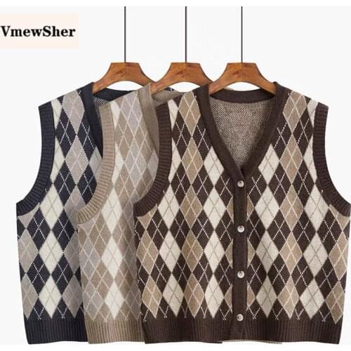 VmewSher New Vintage Women Sweater Vest Knitted Sleeveless Waistcoat Vintage Cardigan Argyle V Neck Female Buttons Jumper Tops