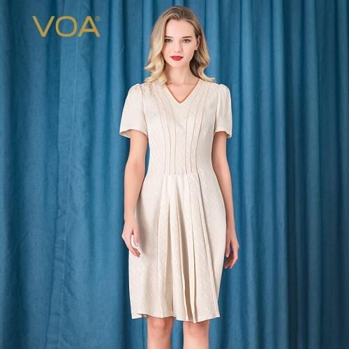 VOA Silk 22m/m Dark Beige Jacquard V-neck Hit Material Hemming Short-Sleeved Zip Fit Skin Dress Summer 2021 A97