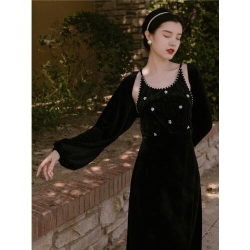 2 Piece Set Women Outfits Fashion High-end Party Black Slim Sexy Square Collar Beaded Velvet Sling Dress+Shawl Short Coat Autumn