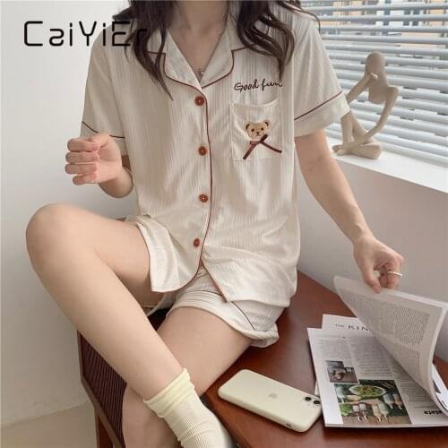 CAIYIER 2021 Japanese Summer Bear Print Women Pajamas Set Cotton Simple Short Sleeve Sleepwear New Ladie Home Service Suit M-2XL