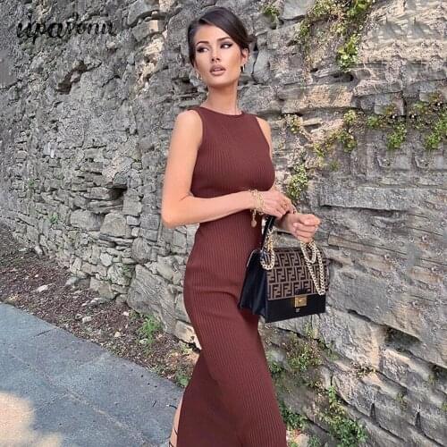 Free Shipping Fashion Brown Rayon Bandage Dress Women Sexy Sleeveless Hollow Bodycon Split Midi Dress Club Party Dress Vestidos