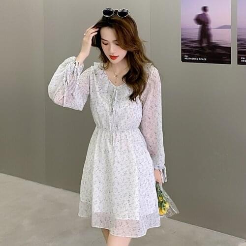 2021 Summer & Autumn Floral Dress Chiffon Knee-length Party Dress Brand Quality Sexy Dress Dot Women Jacquard Sleeve