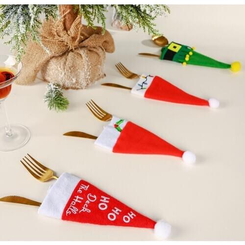 6pcs Christmas ornament small hat knife and fork set household table decoration knife and fork bag wine bottle set two colors