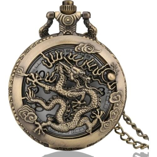 Antique Vintage Dragon Pocket Watch Hollow Pendant Zodiac Quartz Steampunk Men Women Unique Necklace Chain relojes de bolsillo