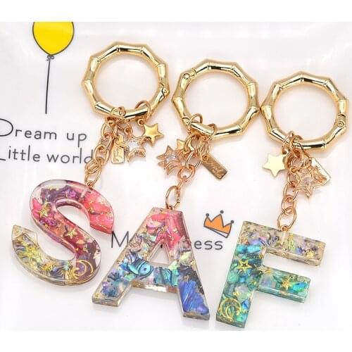 New English Letter A S F Gradient Resin Keychain Dried Flower Foil Epoxy Star Moon Sequins Car Bag Key Rings Decor Pendant Gifts