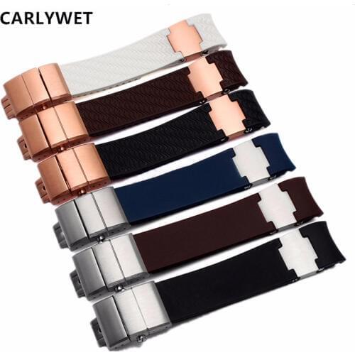 CARLYWET 22mm(20mm buckle) Rubber Watchbands Black Brown White Waterproof Curved End Silicone Rubber Watch Band Silver Clasp