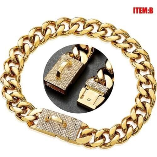 16MM/19MM Stainless Steel Gold Dog Chain With Zircon Lock Luxury Dog Collar Shiny Necklace 14‘’-26