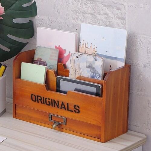 Solid Wood Home Desktop Finishing Box Document Certificate Magazine Book Letter Storage Box Desk Storage Holder 3 Tier Design