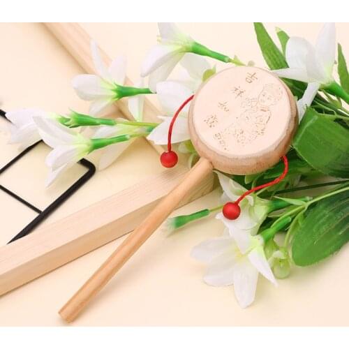 Wood Cartoon Chinese Traditional Spinning Rattle Drum Hand Bell Baby Musical Toy 57BF