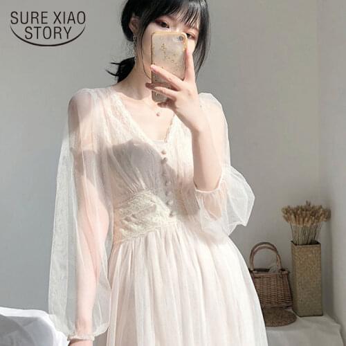 Plus Size Elegant Button A-Line Vestidos White Dress Women 2021 Spring Puff Sleeve Empire V-Neck Lace Voile Mesh Dresses 8126