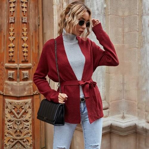 Autumn Winter Red Women Cardigan Sweaters Coat V-Neck Long Sleeve Knitted Sweater Fashion Cardigan Outerwear Sashes