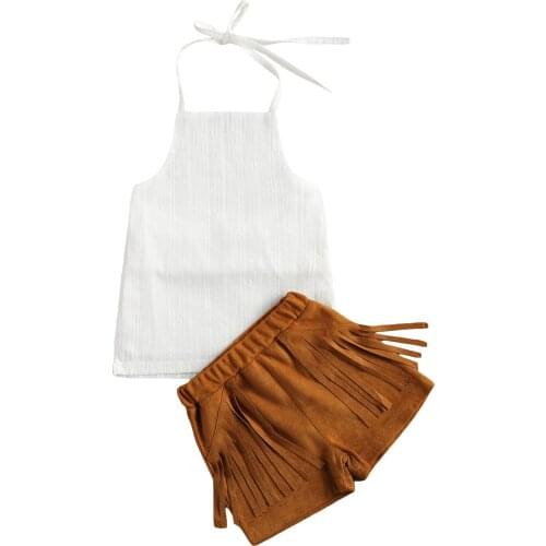 2 Pieces Kids Suit Set, Solid Color Sleeveless Strappy Tops+ High Waist Shorts for Girls, White, 2-7 Years