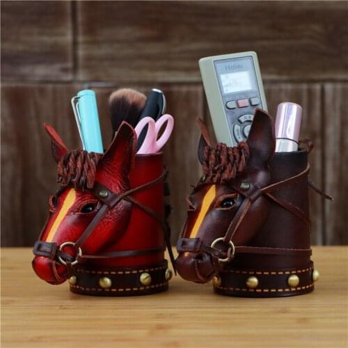 Vegetable Tanned Leather Small Red Horse Pen Holder Desk Decoration Office Desk Decoration Storage Bucket Gift