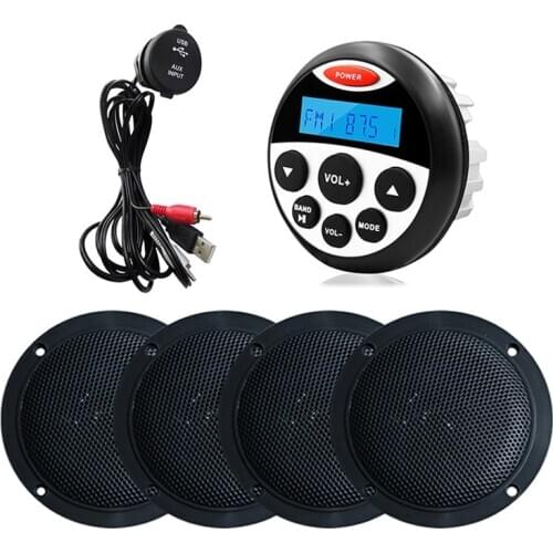 Marine Waterproof Radio Audio Stereo Bluetooth Receiver FM AM MP3 Car Player+2 Pairs 4 inch Marine Speakers+USB Boat Audio Cable