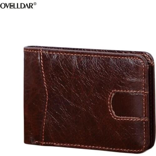 Mens Genuine Leather Wallets Retro Casual Mens Short Cowhide Wallets Dollar Clip Men Wallet Vintage Card Holders