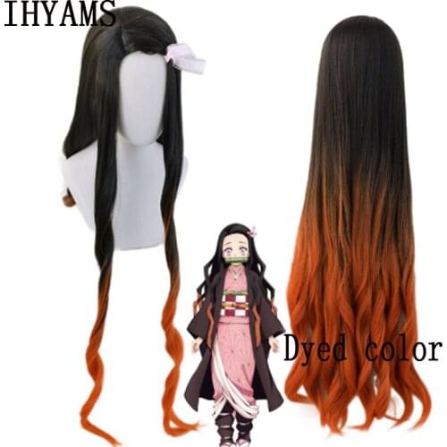 Anime Demon Slayer Kimetsu no Yaiba Nezuko Kamado Long Dyed Curly Wig Heat Resistant Synthetic Hair Cosplay Costume Wigs + Cap