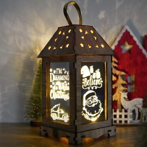 Portable Wooden Christmas LED Lantern Hanging Ornament Wind Lamp Home Decorative Night Light