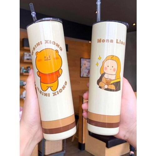 Simple cartoon printing adult office coffee cup cute water cup car leak proof creative straw thermos cup