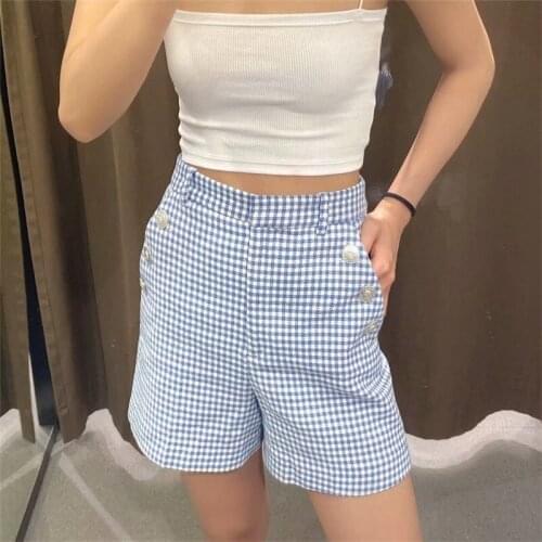 ZXQJ Women 2021 Chic Fashion Decorative Metal Buttons Check Shorts Vintage High Waist Back Zipper Female Short Pants Mujer