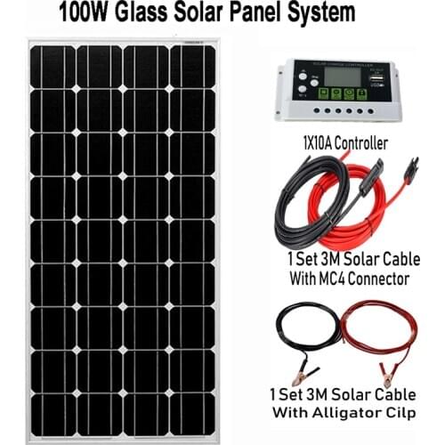 Complete Solar Panel System 100W Glass Solar Panel 200W Efficiency Solar Cell 12V 24V Battery Charge For Kit Solar System