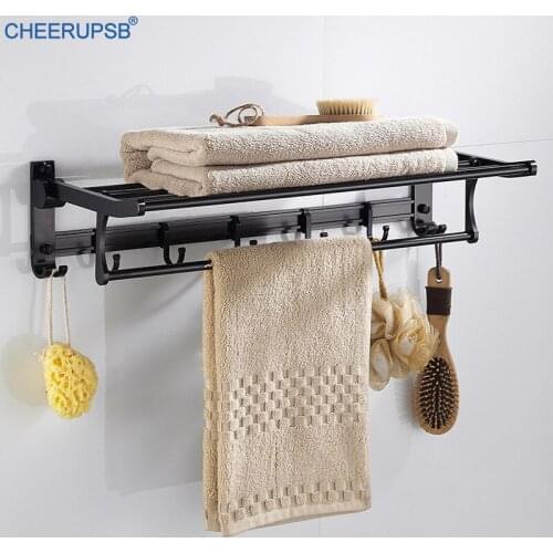 Bathroom Space Aluminum Bath Towel Holder Wall Mount Black Hanger Folding Towel Support Shelf 2 Layers Rack with Movable Hook
