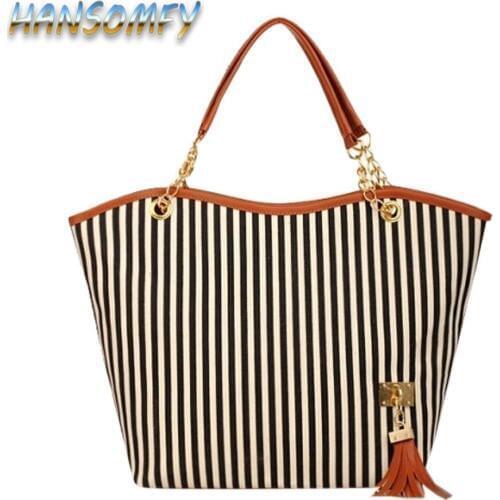 HANSOMFY Direct salesbusiness 2019 New Women Girl Stripe Tassels Chain Canvas Shopping Handbag Shoulder Tote Shop Bag LD-40