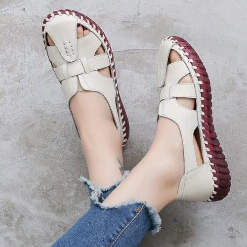 Soft Genuine Leather Women Flats Hollow Woman Shoes 2021 Summer Womens Loafers Breathable Beach Female Sandals Large Size 35-42