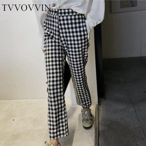 TVVOVVIN 2020 NEW Caual Loose Trousers Straight Plaid Button Girl Female High Waist Streetwear Temperament Commuting A758