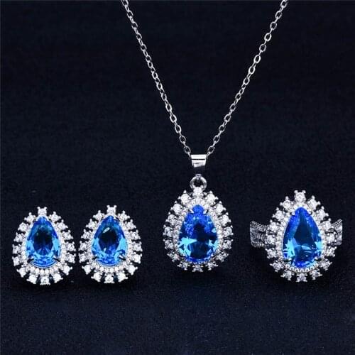 Luxury Crystal Blue Water Drop Pendant Necklace Silver 925 Earrings Ring For Women Wedding Jewelry Set Bright Choker Earrings