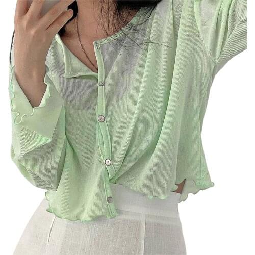 Womens Button Down Loose Tops, Casual Long Sleeve Lettuce Trim Ribbed Knit Cardigan