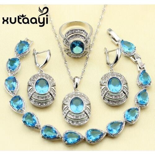 New Style Sweet Sterling Silver Overlay Women Jewelry SetBlue Zircon Earrings Ring Necklace Pendant Bracelet