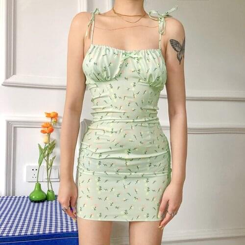 MyErato Floral Print Wrap Green Dress Tie Up Split Spaghetti Strap Sleeveless Summer Y2K Streetwear Backless Pencil Dress 2021