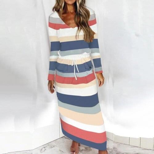 Women Dress V-neck Stripe Style Printing Colorful Women Fashion Striped Drawstring Dress Autumn Long Sleeve Dress for Female