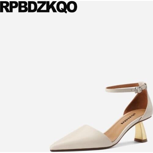 2021 Pumps Belts Genuine Leather Ladies Fashion Size 33 Beige Medium Heels High Women Ankle Strap Dress Shoes Block Pointed Toe