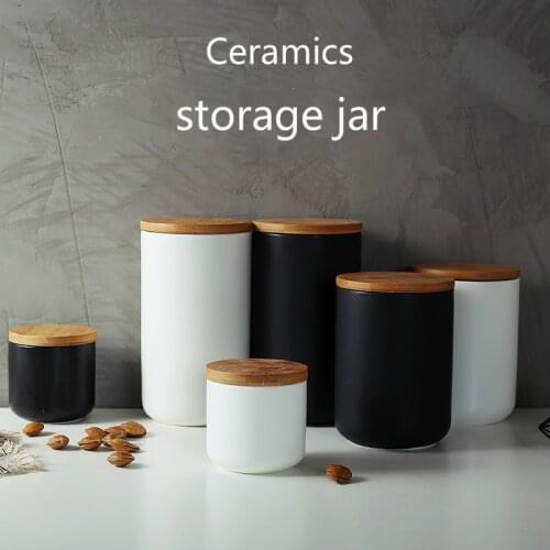260-800Ml Nordic Art Simple Kitchen Ceramic Sealed Can Seasoning Coffee Beans Jar Storage Bottle with Wooden Lid Storage Tank
