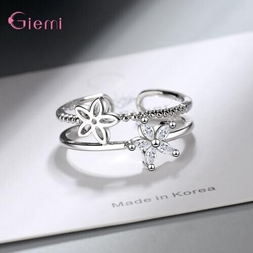 Cute Statement Crystal Flower Rings For Women Girls Adjustable Size 925 Sterling Silver Fashion Jewelry Wholesale