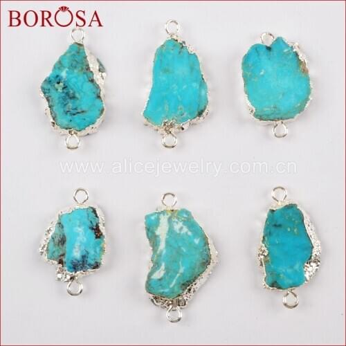BOROSA 5PCS New Silver Color Freeform 100% Natural Turquoises Slice Connector Natural Blue Stone for Necklace Jewelry S1624