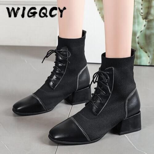 Ankle Boots Woman Lace Up Shoes Black Square Heel Casual Leather Boots Fashion Botas Mujer Knitted Sock Boots Plue Size 42