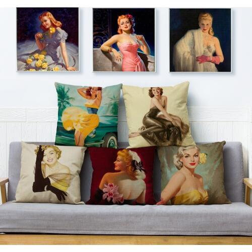 European Vintage Sexy Lady Women Print Cushion Cover 45*45 Square Linen Pillow Covers Throw Pillows Cases Home Decor Pillowcase