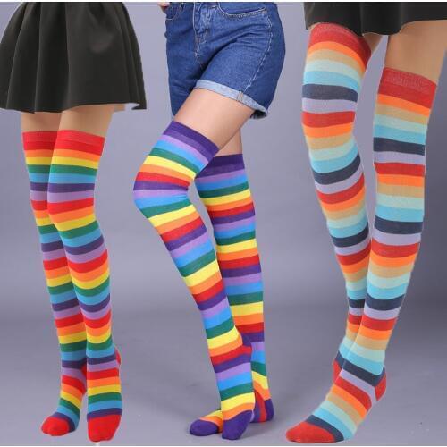 1 Pair Rainbow Stripes Long Socks Women Girls Kawaii Cotton Long Striped Thigh High Stocking Anime Zebra Cosplay Over Knee Socks