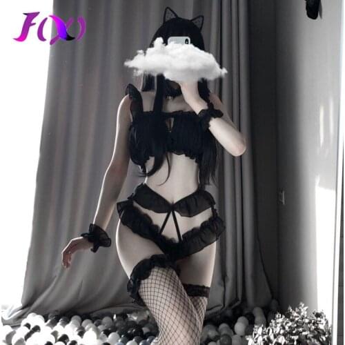 Kawaii Chiffon Sexy Costume Sweet Maid Cosplay Costumes Charming Black White Erotic Outfit for Female Transparent Bra Set