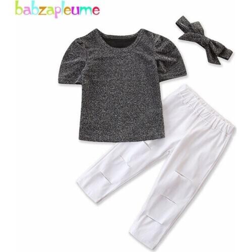 3Piece/1-6Years/2020 New Summer Outfits Children Clothes Short Sleeve T-shirt+Hole Pants+Headband Baby Girls Clothing Set BC1613
