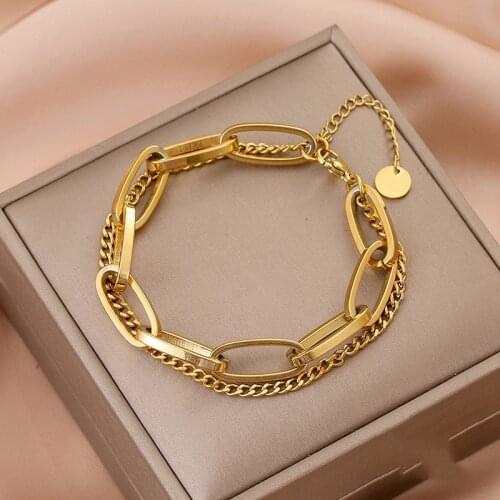 Stainless Steel Layered Bracelet for Women Link Chain Gold Hand Chain Bracelet Jewelry