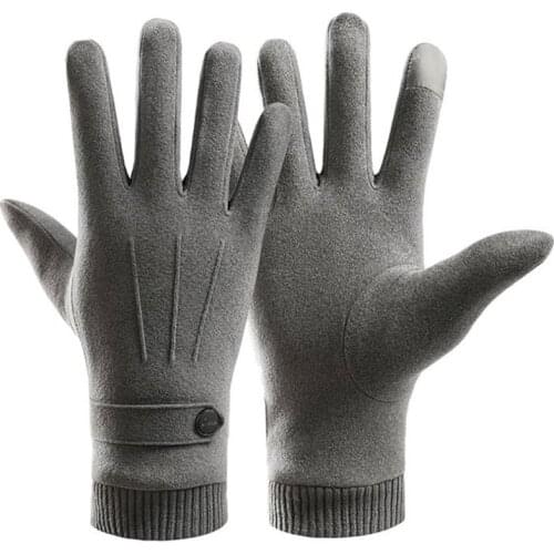 Men Winter Warm Touch Screen Faux Suede Gloves Thicken Plush Lining Elastic Knit Cuff Driving Cycling Texting Mittens